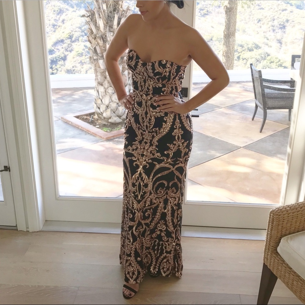 Strapless black gown with bronze copper sequins